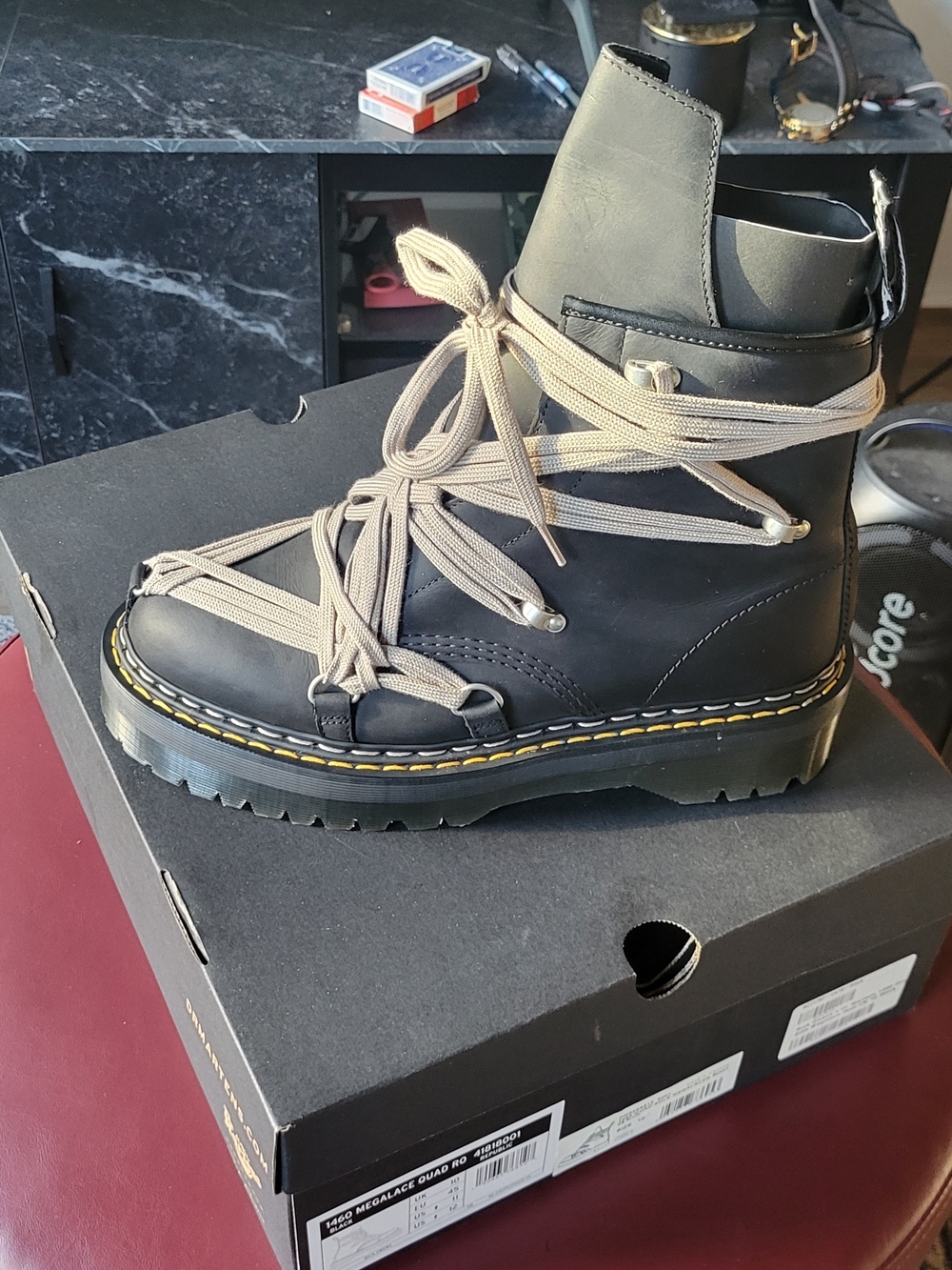 Dr. Martens X Rick Owens Black Leather Lace-Up Combat Boot with Beige Wrap Laces